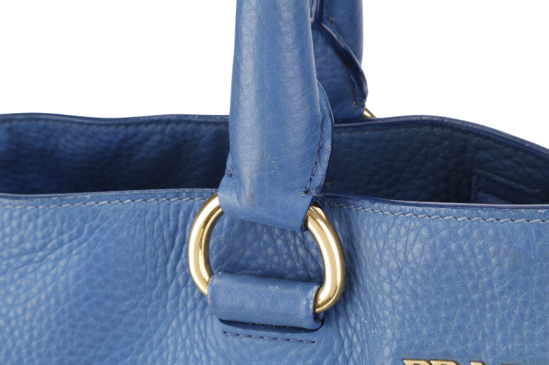 PRADA BLUE VITELLO DAINO LEATHER TOTE GOLD HARDWARE WITH STRAPS, CARD AND DUST COVER