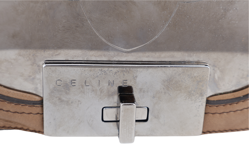 CELINE BROWN LEATHER METAL PANEL FLAP SHOULDER BAG SILVER HARDWARE WITH STRAPS, KEYS AND LOCK