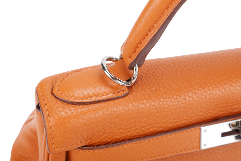 HERMES KELLY 28 RETOURNE ORANGE CLEMENCE LEATHER SILVER HARDWARE STAMP X (YEAR 2016) WITH LONG STRAP, LOCK&KEYS , DUST COVER, RAINCOAT AND BOX