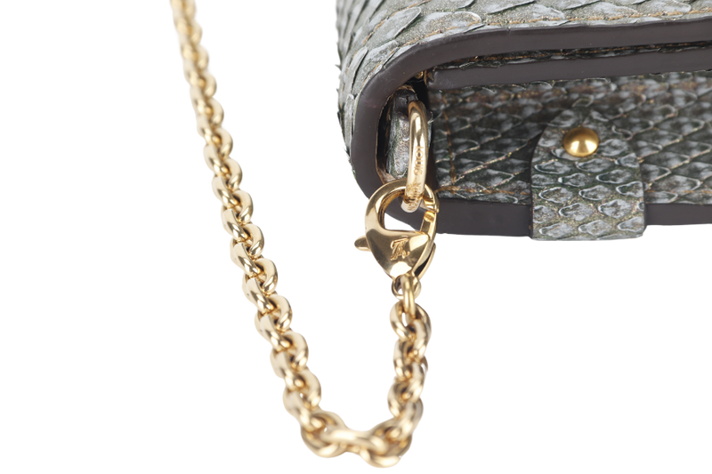 LOUIS VUITTON TRUNK CHAIN WALLET (N99721) PYTHON METALLIC LEATHER GOLD HARDWARE WITH CHAIN, STRAP AND DUST COVER