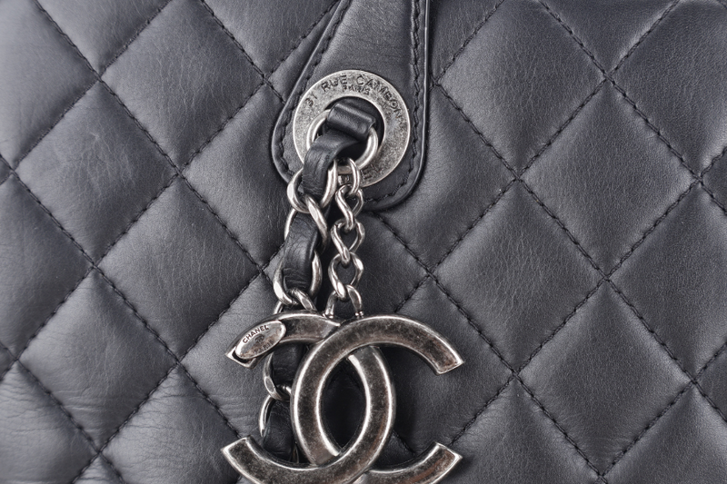 CHANEL QUILTED BLACK TOP HANDLE BAG (2194xxxx) RUTHENIUM HARDWARE WITH CARD AND DUST COVER