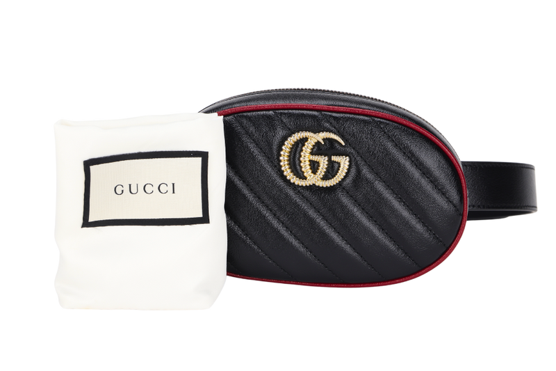 GUCCI MARMONT BELT BAG (476434493075) BLACK & RED WITH STRAP & DUST COVER