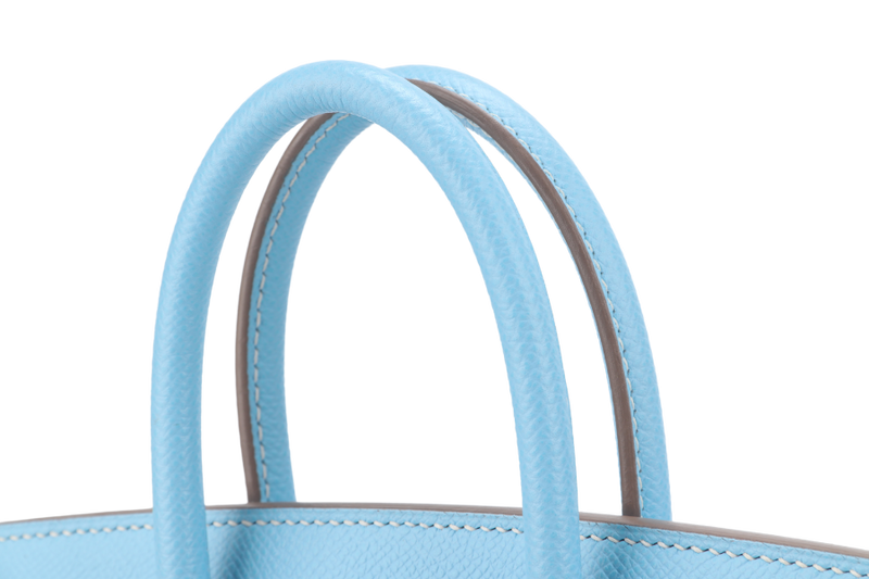 HERMES BIRKIN 25 BLUE CELESTE, BLUE THALASSA EPSOM LEATHER SILVER HARDWARE STAMP O (YEAR 2011) NO KEYS, NO LOCK WITH DUST COVER