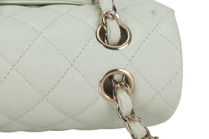 CHANEL FLAP MEDIUM (ALUNxxxx) MINT GREEN CAVIAR LEATHER LIGHT GOLD HARDWARE MICROCHIP WITH DUST COVER