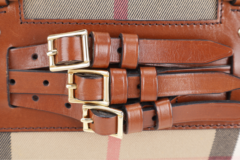 BURBERRY HOUSE CHECK BRIDLE BOWLING BAG BROWN CANVAS AND LEATHER GOLD HARDWARE WITH DUST COVER