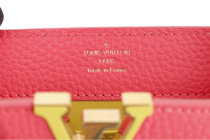 LOUIS VUITTON MINI CAPUCINES (M59440) PINK-LIME TAURILLON LEATHER GOLD HARDWARE MICROCHIP WITH STRAP, DUST COVER AND BOX