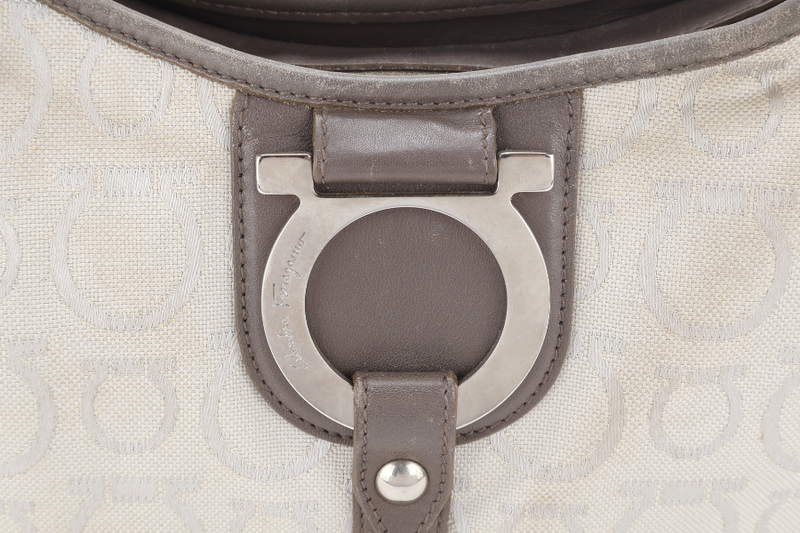SALVATORE FERRAGAMO GANCINI GREY CANVAS WITH BROWN LEATHER LINING SILVER HARDWARE WITH DUST COVER