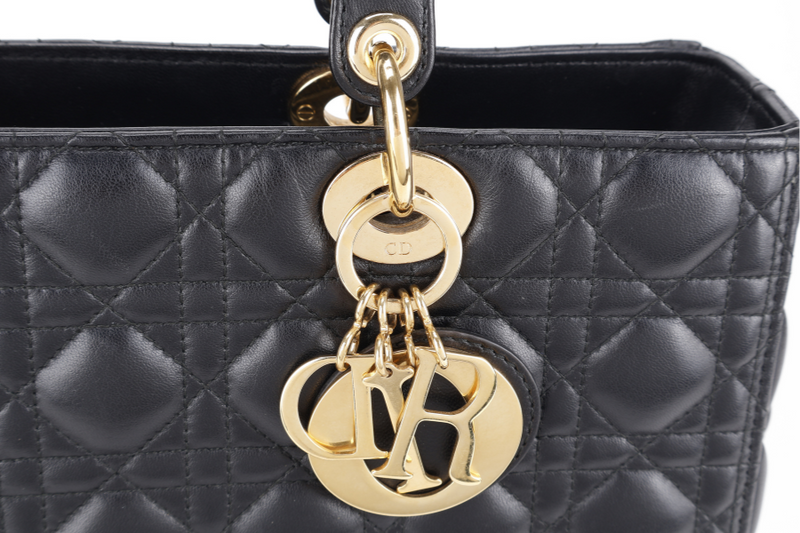 CHRISTIAN DIOR LADY DIOR LARGE BLACK LAMBSKIN 18-MA-0114 GOLD HARDWARE WITH STRAPS, NO DUST COVER