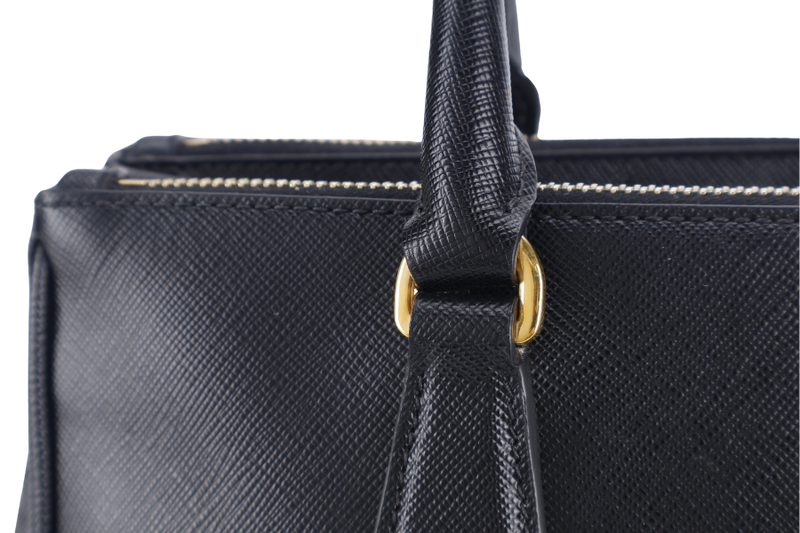 PRADA BN1801 DOUBLE ZIP SATCHEL BAG BLACK SAFFIANO LEATHER GOLD HARDWARE WITH STRAPS, CARD AND DUST COVER