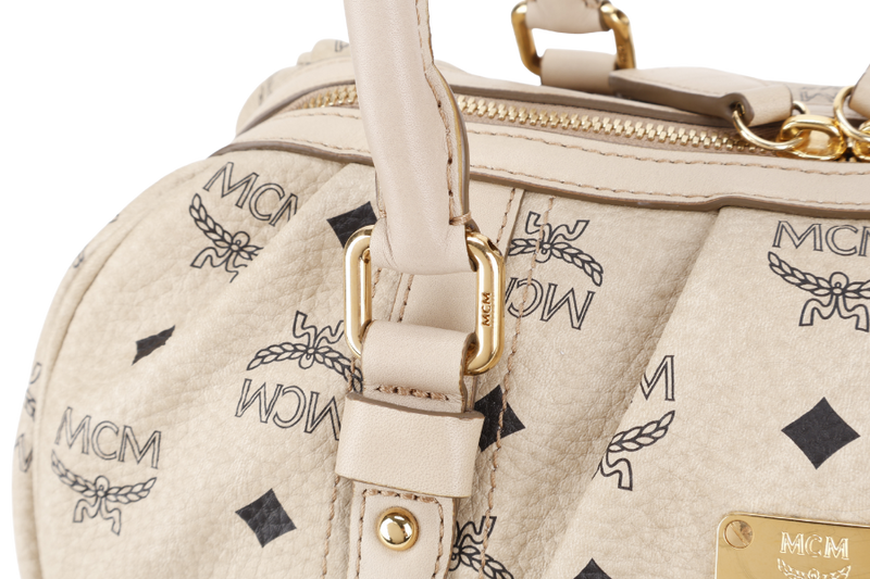 MCM BOSTON LIGHT BEIGE MONOGRAM CANVAS GOLD HARDWARE WITH KEYS, LOCK AND DUST COVER