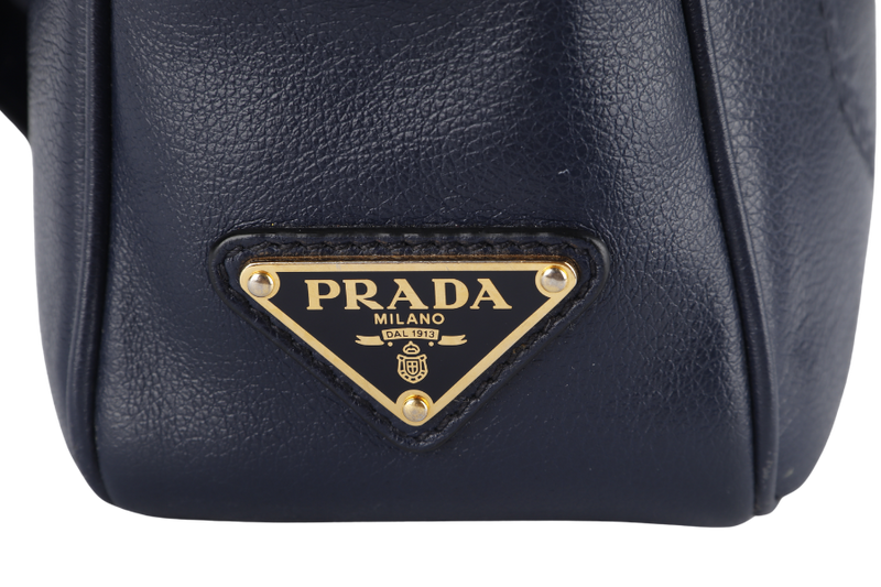 PRADA CAMERA CROSSBODY BAG (1BH089) NAVY BLUE GLACE CALF LEATHER GOLD HARDWARE WITH DUST COVER AND CARD