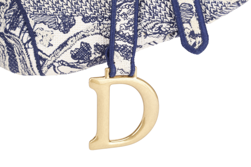CHRISTIAN DIOR SADDLE TOILE DE JOUY WHITE BLUE CANVAS GOLD HARDWARE WITH DUST COVER AND BOX