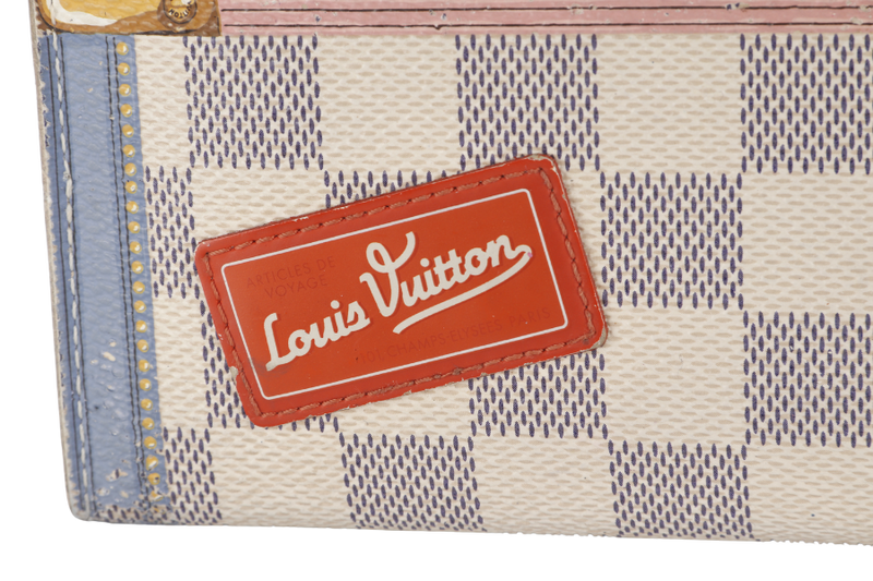 LOUIS VUITTON SARAH WALLET TRUNKS SUMMER DAMIER AZUR CANVAS GOLD HARDWARE WITH DUST COVER AND BOX