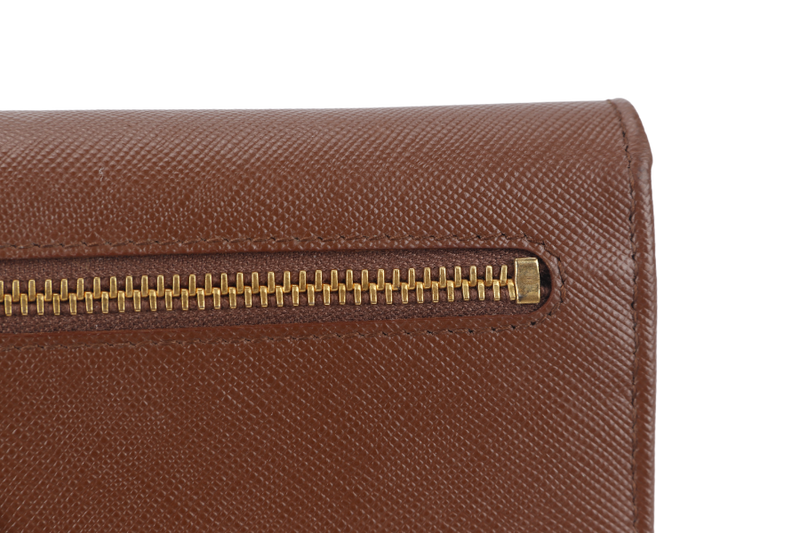 PRADA LONG WALLET BIFOLD (1M1132) BROWN SAFFIANO LEATHER GOLD HARDWARE WITH CARD