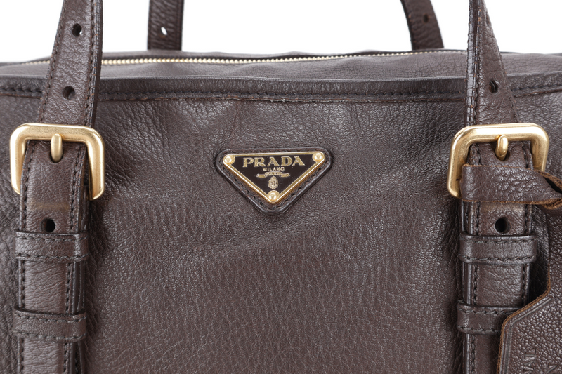 PRADA DARK BROWN DEERSKIN VERTICAL SHOULDER TOTE GOLD HARDWARE NO DUST COVER