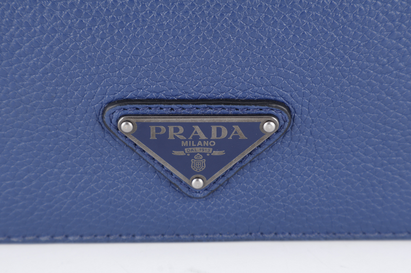 PRADA BORSELLO DARK BLUE GRAIN CALFSKIN CLUTCH SILVER HARDWARE WITH DUST COVER