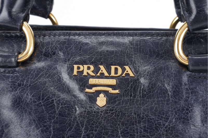 PRADA VITELLO SHINE 2-WAY SATCHEL BAG GOLD HARDWARE WITH STRAP, CARD AND DUST COVER