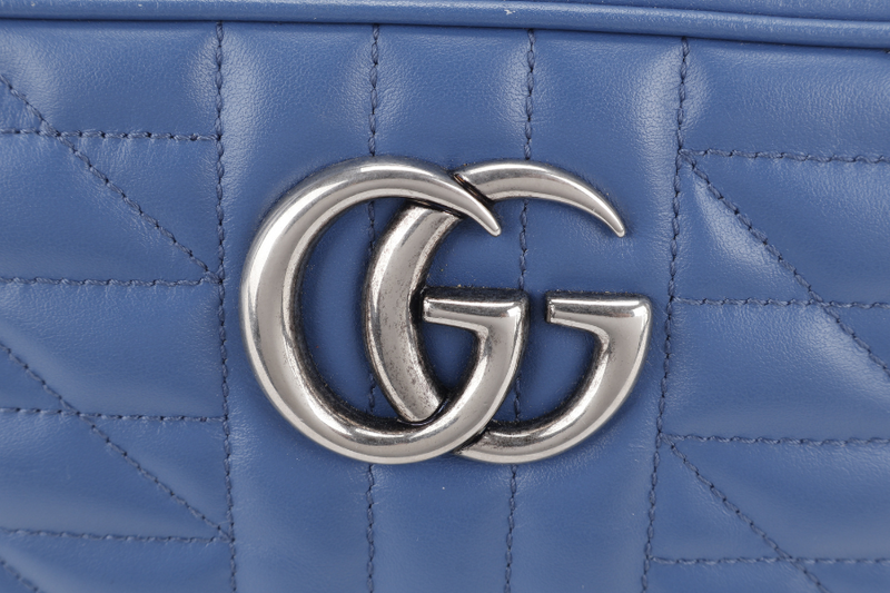GUCCI MARMONT BLUE LEATHER CAMERA BAG SILVER HARDWARE WITH DUST COVER AND BOX