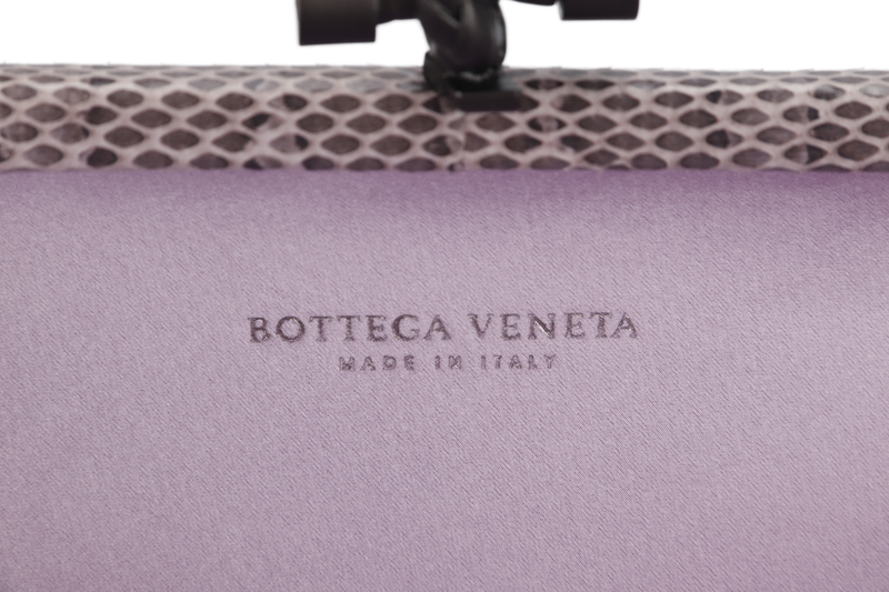 BOTTEGA VENETA KNOT CLUTCH MEDIUM LILAC SATIN BLACK HARDWARE WITH DUST COVER