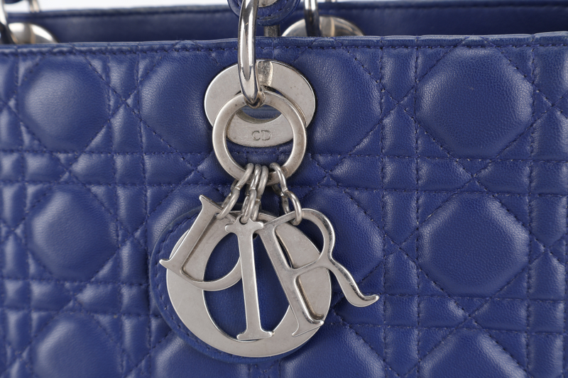 CHRISTIAN DIOR LADY DIOR (13-BO-1113) LARGE BLUE LAMBSKIN SILVER HARDWARE WITH LONG STRAPS NO DUST COVER