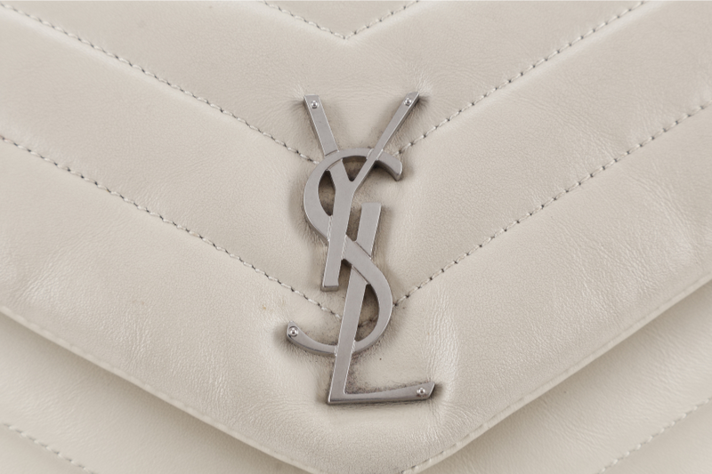 YVES SAINT LAURENT (YSL) LOULOU SMALL LIGHT GREY LEATHER SHOULDER BAG SILVER HARDWARE WITH LEATHER STRAPS, DUST COVER AND BOX