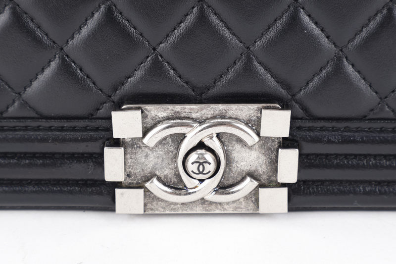 CHANEL LEBOY NEW MEDIUM BLACK LAMBSKIN LEATHER SILVER HARDWARE (2310xxxx) WITH DUST COVER AND BOX