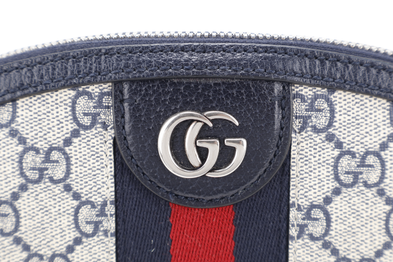 GUCCI OPHIDIA CROSS BODY BAG SMALL BLUE GG MONOGRAM CANVAS SILVER HARDWARE WITH DUST COVER AND BOX
