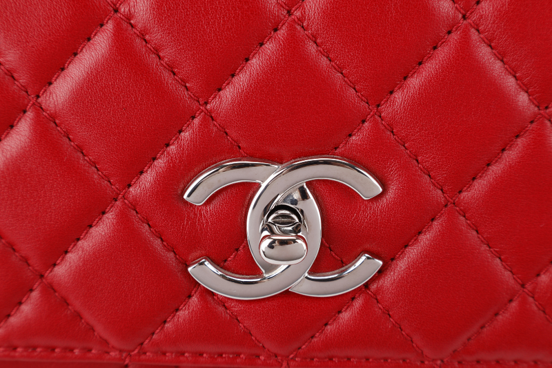 CHANEL SINGLE FLAP BAG (1444xxxx) RED QUILTED LAMBSKIN SILVER HARDWARE WITH CARD