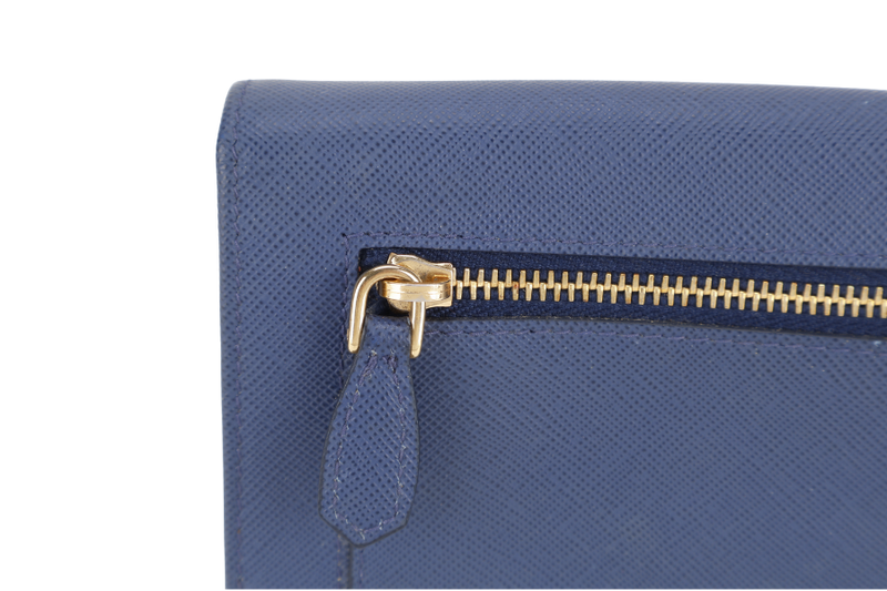 PRADA WRISTLET WALLET DARK BLUE SAFFIANO LEATHER GOLD HARDWARE