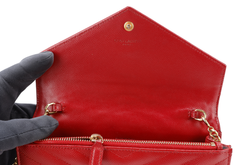 YVES SAINT LAURENT (YSL) ENVELOPE CHAIN WALLET RED CHEVRON QUILTED LEATHER WITH GOLD HARDWARE NO DUST COVER