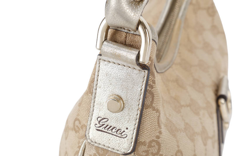 GUCCI GG ABBEY CANVAS METALLIC GOLD TRIM HOBO BAG WITH DUST COVER