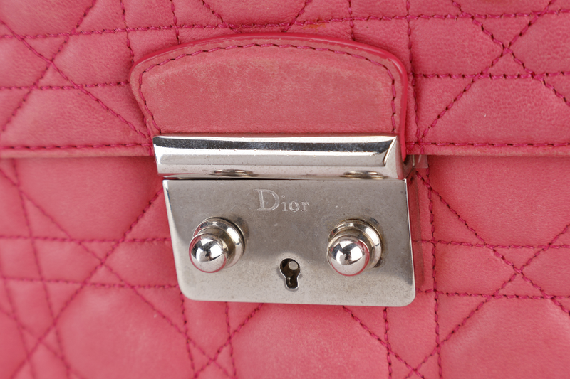 CHRISTIAN DIOR MISS DIOR FLAP CANNAGE BAG MEDIUM FUCHSIA LAMBSKIN SILVER HARDWARE NO DUST COVER