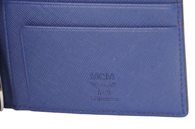 MCM AREN BI FOLD WALLET BROWN-BLUE LEATHER SILVER HARDWARE WITH DUST COVER AND BOX