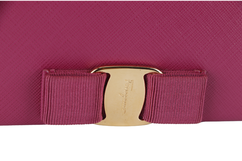 SALVATORE FERRAGAMO MISS VARA BOW CROSSBODY WALLET ON CHAIN (KM22B850) DARK PINK LEATHER GOLD HARDWARE WITH BOX