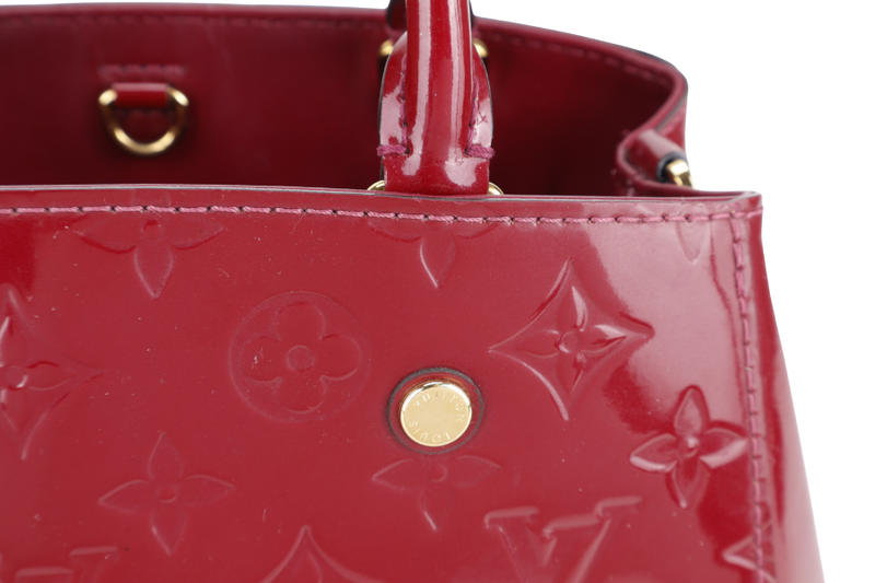LOUIS VUITTON MONTAIGNE BB MAGENTA MONOGRAM VERNIS GOLD HARDWARE WITH STRAPS, LOCK & KEYS AND DUST COVER