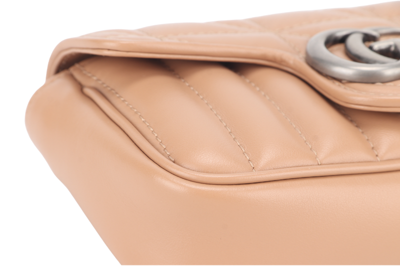 GUCCI GG MARMONT SUPER MINI BEIGE MATELASSE CHEVRON LEATHER RUTHENIUM HARDWARE WITH DUST COVER AND BOX