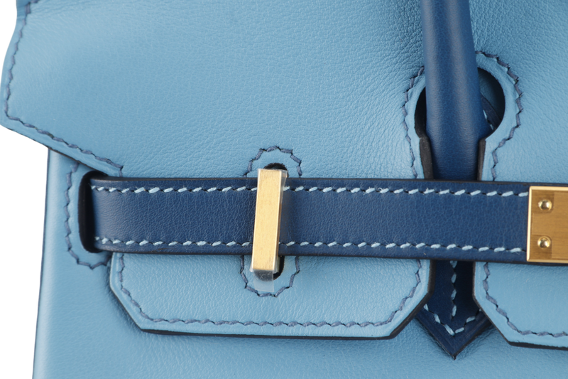 HERMES BIRKIN 25 HSS STAMP U (YEAR 2022) BLUE CELESTE MIX NAVY BLUE SWIFT LEATHER BRUSHED GOLD HARDWARE WITH LOCK&KEYS AND DUST COVER