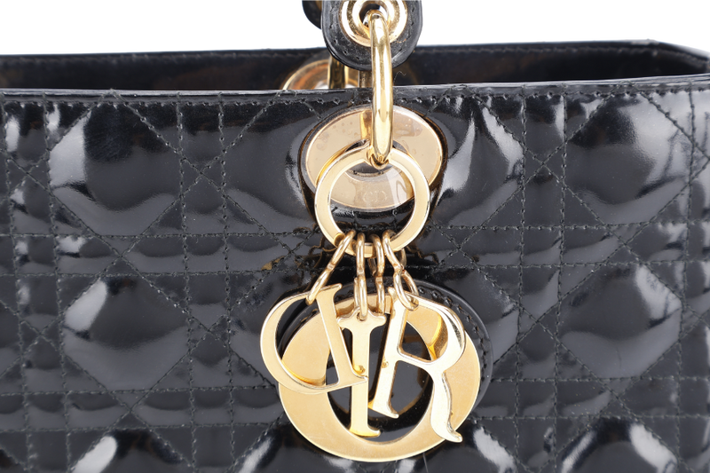 CHRISTIAN DIOR LADY DIOR LARGE BLACK PATENT LEATHER GOLD HARDWARE (17-BO-1009) WITH CARD NO DUST COVER