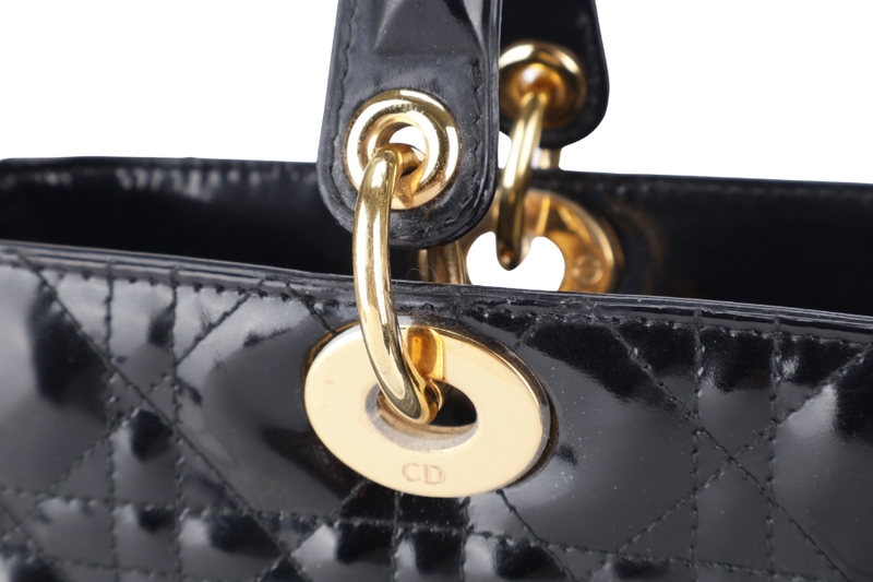 CHRISTIAN DIOR LADY DIOR LARGE PATENT BLACK GOLD HARDWARE WITH CARD AND DUST COVER