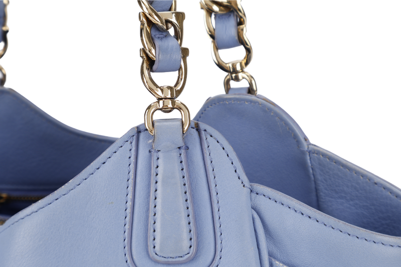 SALVATORE FERRAGAMO MELINDA TOTE BAG SMALL LIGHT BLUE LEATHER GOLD HARDWARE WITH DUST COVER