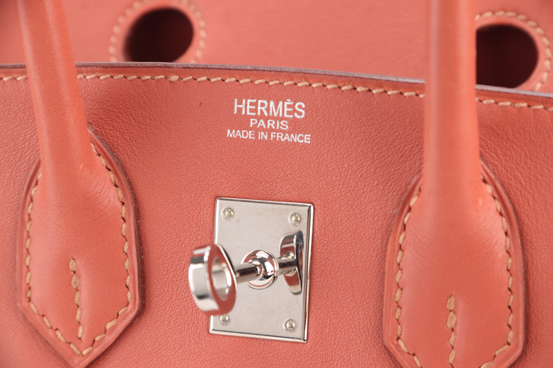 HERMES BIRKIN 25 ROSY PINK SWIFT LEATHER SILVER HARDWARE STAMP L (YEAR 2008) WITH LOCK, KEYS, NO DUST COVER