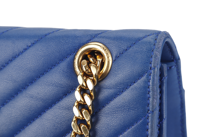 YVES SAINT LAURENT (YSL) MEDIUM ENVELOPE BAG BLUE CHEVRON QUILTED LEATHER GOLD HARDWARE WITH DUST COVER