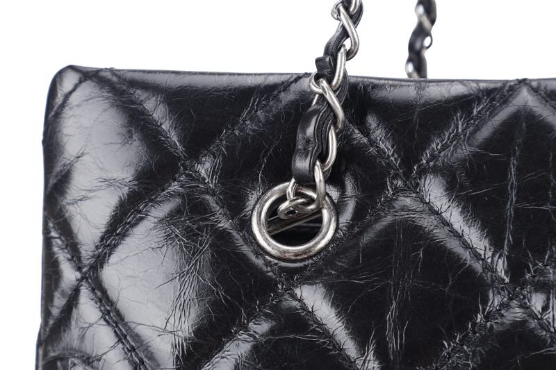 CHANEL CC SHOPPING TOTE (2043xxxx) BLACK GLAZED CALFSKIN SILVER HARDWARE WITH DUST COVER AND CARD