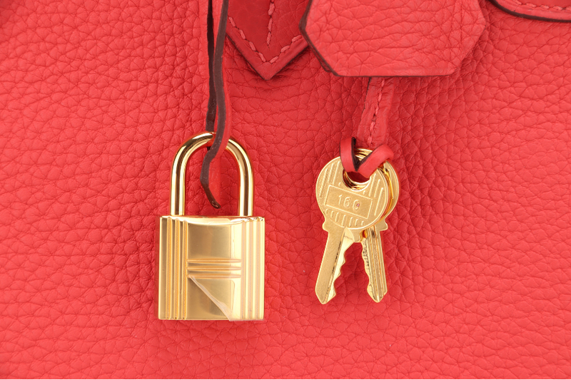 HERMES BIRKIN 25 ROUGE PIVOINE TOGO GOLD HARDWARE STAMP C (YEAR 2018) WITH KEYS, LOCK, RAINCOAT AND DUST COVER