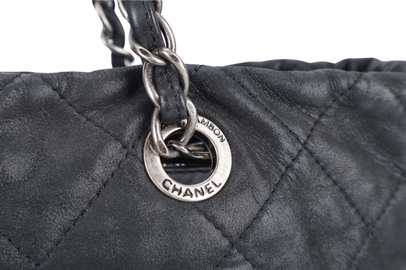 CHANEL VIP TOTE BLACK QUILTED IREDESCENT CALFSKIN LEATHER RUTHENIUM HARDWARE 1494xxxx SILVER HARDWARE WITH CARD AND DUST COVER