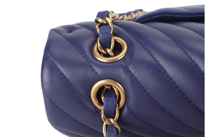 CHANEL CLASSIC FLAP CHEVRON (2117xxxx) DARK BLUE LAMBSKIN GOLD HARDWARE MEDIUM SIZE WITH CARD AND DUST COVER