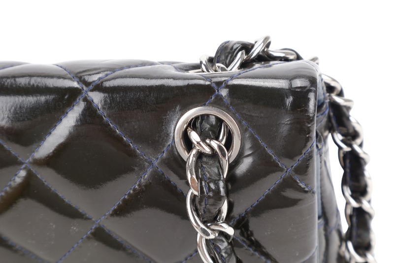 CHANEL CLASSIC DOUBLE FLAP BLUE JUMBO PATENT LEATHER SILVER HARDWARE (1442xxxx) WITH DUST COVER AND DUST COVER