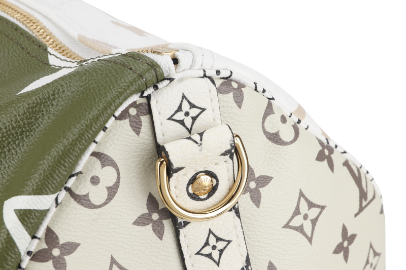 LOUIS VUITTON KEEPALL BANDOULIERE 50 (M44590) KHAKI BEIGE GIANT MONOGRAM GOLD HARDWARE WITH STRAPS, PADLOCK, KEYS, DUST COVER AND BOX