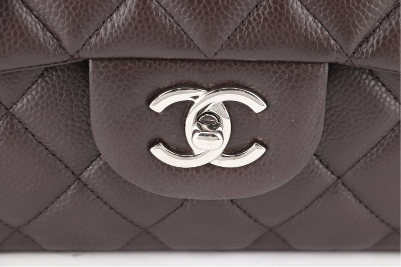 CHANEL CLASSIC FLAP MAXI SINGLE FLAP BROWN CAVIAR SILVER HARDWARE (1401xxxx) WITH CARD, DUST COVER AND BOX