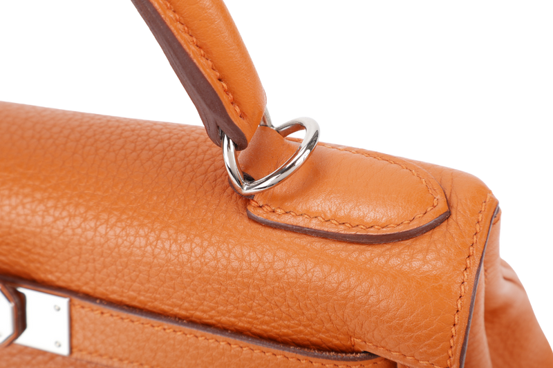 HERMES KELLY 28 RETOURNE ORANGE CLEMENCE LEATHER SILVER HARDWARE STAMP X (YEAR 2016) WITH LONG STRAP, LOCK&KEYS , DUST COVER, RAINCOAT AND BOX
